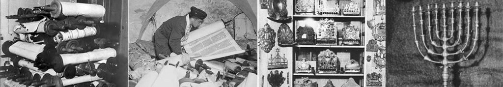 Offenbach, Germany, Some of the six hundred Torah scrolls that were brought to the OAD from all over the American-administered area, 1946.; In a cellar in Frankfurt, Germany, Chaplain Samuel Blinder examines Saphor Torahs stolen from across Europe. Photo: National Archives; Left, Torah breast plates and right chanukiah confiscated by Nazis. USHMM courtesy of S. J. Pomrenze; In a cellar in Frankfurt, Germany, Chaplain Samuel Blinder examines Saphor Torahs stolen from across Europe. Photo: National Archives; Left, Torah breast plates and right chanukiah confiscated by Nazis. USHMM courtesy of S. J. Pomrenze