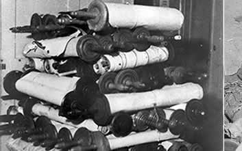 Offenbach, Germany, Some of the six hundred Torah scrolls that were brought to the OAD from all over the American-administered area, 1946.; In a cellar in Frankfurt, Germany, Chaplain Samuel Blinder examines Saphor Torahs stolen from across Europe. Photo: National Archives; Left, Torah breast plates and right chanukiah confiscated by Nazis. USHMM courtesy of S. J. Pomrenze; In a cellar in Frankfurt, Germany, Chaplain Samuel Blinder examines Saphor Torahs stolen from across Europe. Photo: National Archives; Left, Torah breast plates and right chanukiah confiscated by Nazis. USHMM courtesy of S. J. Pomrenze